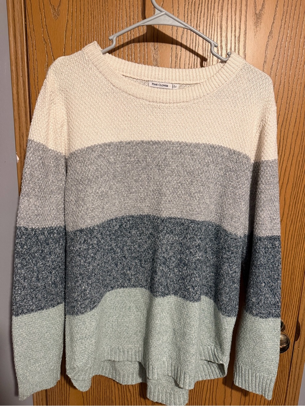 Pink Clover Cream, Gray and Sage Striped Crewneck Sweater
